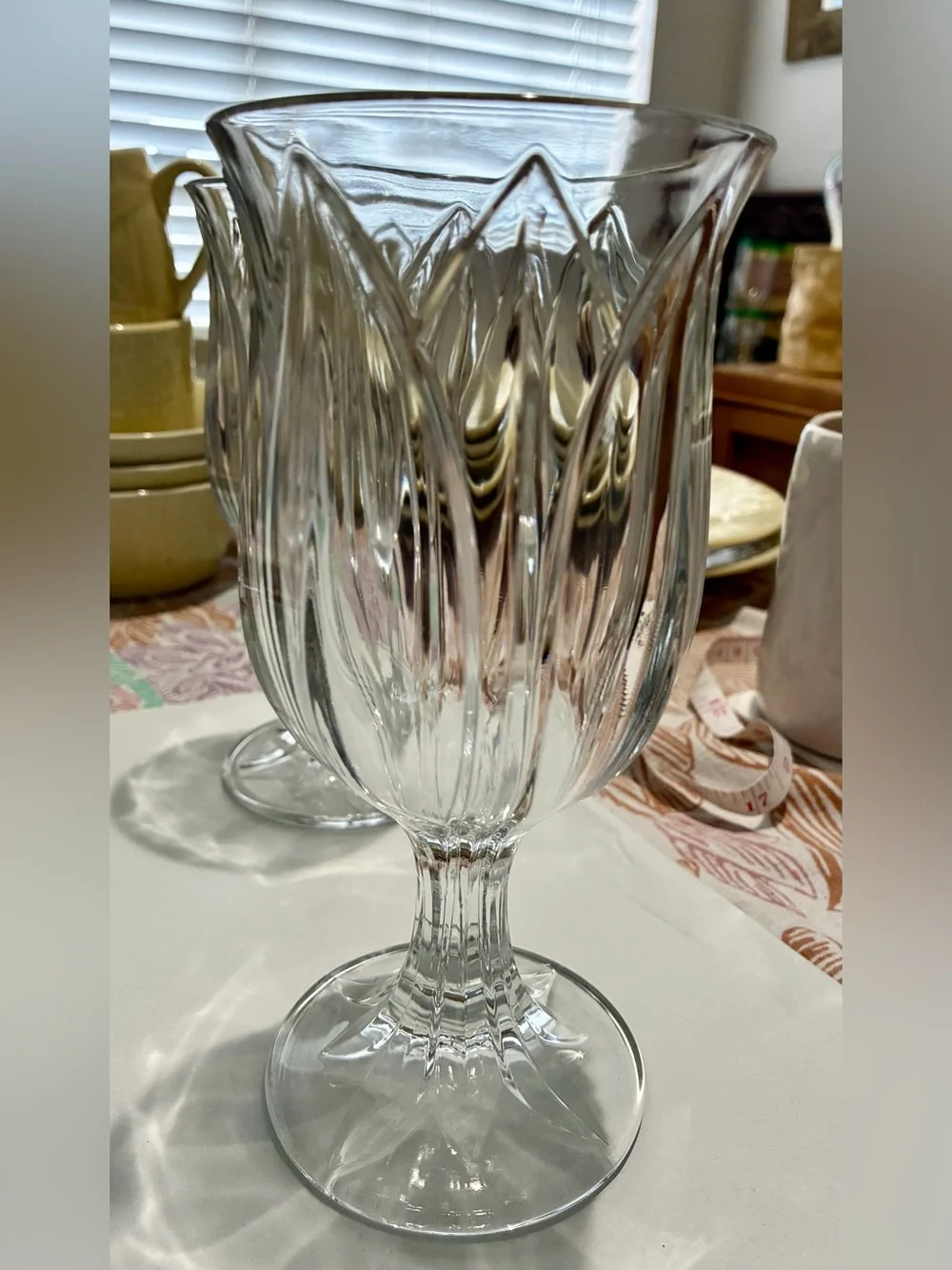 Vintage French Crystal Tulip Water Goblet Set of4. Raised fluted leaf. 14 oz. EC